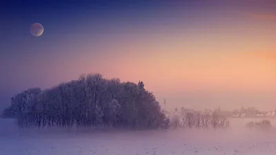Frosty Dawn: Moon Over Misty Winter Fields - free nature wallpaper 5786×3254
