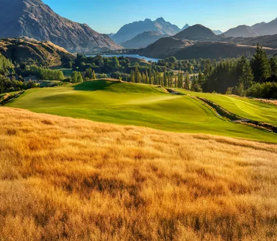 Mountain Lake Golf Paradise in 8K - free nature wallpaper 7000×6083