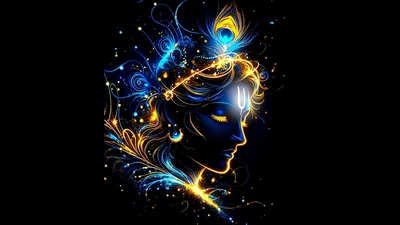 Divine Krishna: Celestial Radiance in Gold and Blue - free dark wallpaper 7680×4320