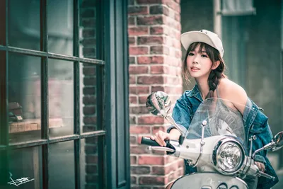 Girl on Scooter in Denim Jacket and White Cap - free people & portraits wallpaper 5760×3840