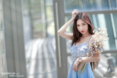 Woman in Blue Dress Holding Dried Flowers - free people & portraits wallpaper 5760×3840