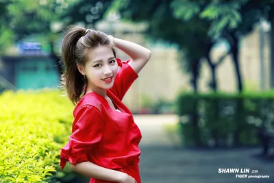Woman in Red Shirt Posing in Garden Setting - free people & portraits wallpaper 5760×3840