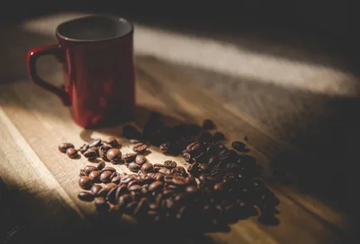Red Mug With Scattered Coffee Beans in Sunlight - free food wallpaper 8340×5673