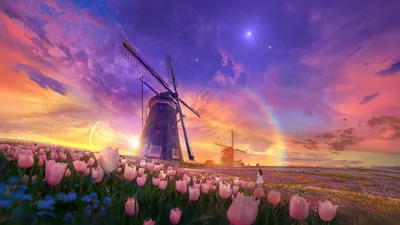 Dreamy Windmill at Tulip Sunset - free fantasy wallpaper 5120×2880