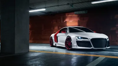 White Audi R8 in Modern Garage with Red Accents - free wallpaper 5120×2880