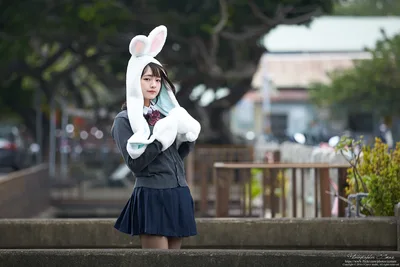 Cute Schoolgirl In White Bunny Ears On Bridge - free wallpaper 4440×2960