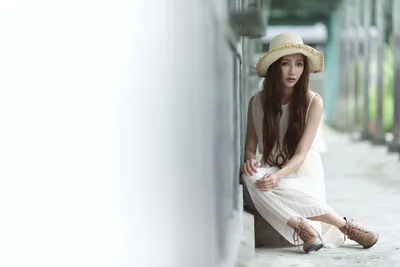 Asian Woman in White Dress and Straw Hat - free wallpaper 5120×3413