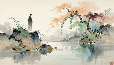 Solitary Contemplation by the Misty River - free art & design wallpaper 3840×2194