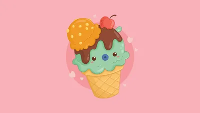 Kawaii Mint Ice Cream Cone with Cherry on Pastel Pink - free anime wallpaper 5120×2880