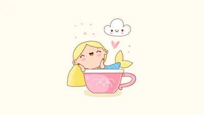Kawaii Mermaid in Pink Teacup with Happy Cloud - free anime wallpaper 5120×2880