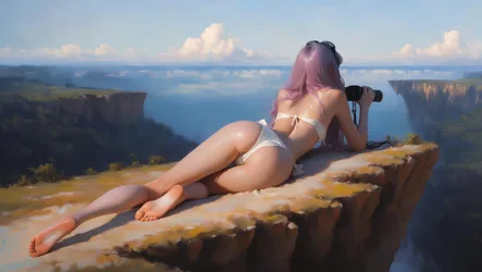 Woman With Binoculars on Cliff Overlook - free art & design wallpaper 4608×2599