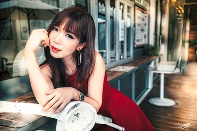 Woman In Red Dress At Urban Outdoor Café - free people & portraits wallpaper 5760×3840
