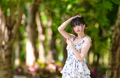 Young Woman in Floral Dress in Garden Alley - free people & portraits wallpaper 6144×4009