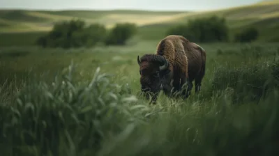 Bison Grazing in Rolling Prairie Grassland - free animals wallpaper 5824×3264