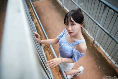 Young Woman on Staircase in Blue and White Outfit - free people & portraits wallpaper 4804×3203