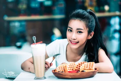 Young Woman Enjoying Waffles and Beverage at Cafe - free people & portraits wallpaper 5760×3840