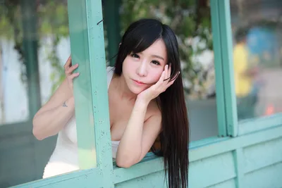 Young Woman Posing at Turquoise Window Frame - free people & portraits wallpaper 5760×3840
