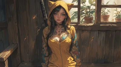 Tattooed Anime Girl with Cat Ears in Wooden Room - free cartoons & comics wallpaper 5504×3072