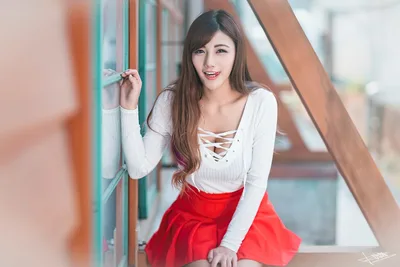 Young Woman in Red Skirt Posing by Turquoise Railing - free people & portraits wallpaper 5760×3840