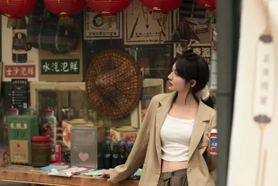 Woman in Beige Blazer at Traditional Asian Shop - free people & portraits wallpaper 5120×3418