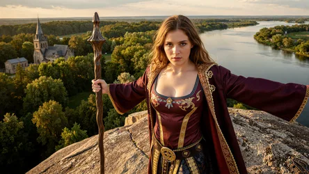 Medieval Warrior Woman on Clifftop Overlooking River - free wallpaper 3840×2160