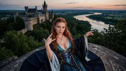 Woman in Medieval Dress Before Castle at Sunset - free people & portraits wallpaper 3840×2160