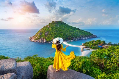 Woman in Yellow Dress Overlooking Tropical Island - free people & portraits wallpaper 7947×5301