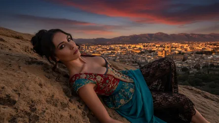 Woman Posing on Desert Hill at Sunset Over City - free people & portraits wallpaper 3840×2160