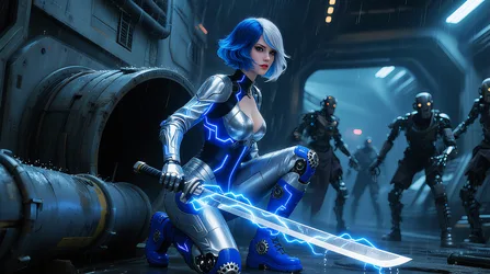 Cybernetic Warrior with Electric Blade in Futuristic Facility - free anime wallpaper 3858×2160