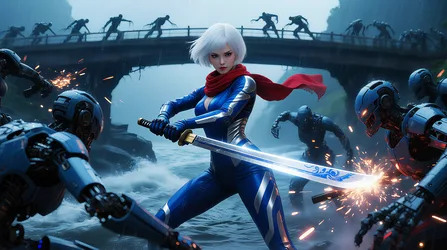 White-Haired Warrior Fighting Robots in Rainy Battle - free anime wallpaper 3858×2160