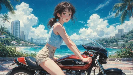 Anime Girl on Red Motorcycle by Tropical Beach - free cartoons & comics wallpaper 3840×2176