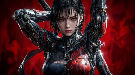 Cybernetic Warrior Woman Against Red Background - free wallpaper 5504×3072
