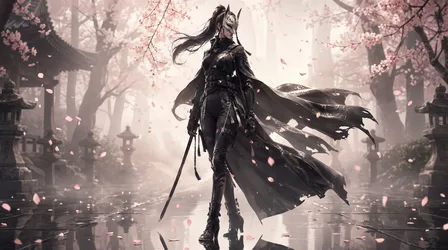 Masked Warrior in Black Cape Among Cherry Blossoms - free anime wallpaper 5504×3072