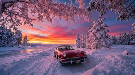 Vintage Red Car in Snowy Winter Landscape at Sunset - free cars & vehicles wallpaper 3840×2143