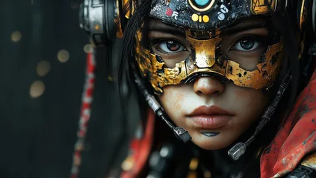 Cyberpunk Character With Gold Mask and Dark Hair - free wallpaper 1920×1080