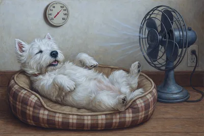White Dog Relaxing by Fan on Hot Day - free animals wallpaper 2048×1365