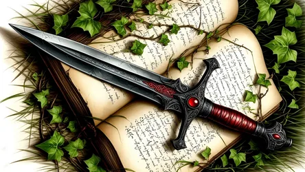 Ornate Black Sword on Ancient Books with Ivy - free art & design wallpaper 1920×1080