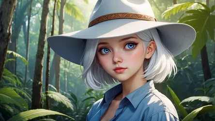 Girl in White Cowboy Hat in Tropical Forest - free art & design wallpaper 1920×1080