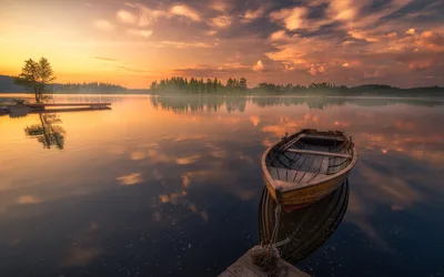 Sunset Boat Reflection On Peaceful Lake Ringerike - free landscapes wallpaper 3840×2400