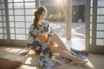 Woman in Floral Kimono Sitting by Shoji Doors - free people & portraits wallpaper 6144×4096