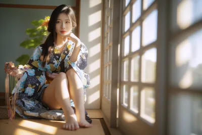 Woman in Floral Kimono by Sunlit Window - free people & portraits wallpaper 6144×4096
