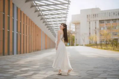 Young Woman in White Dress in Modern Urban Plaza - free people & portraits wallpaper 6144×4096