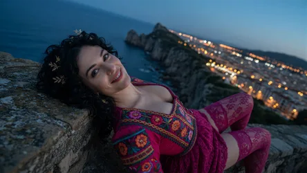 Woman in Purple Embroidered Dress by Coastal Rocks at Dusk - free people & portraits wallpaper 3840×2160