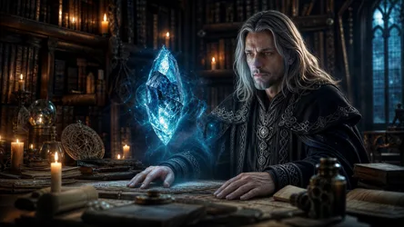 Wizard with Glowing Crystal in Gothic Library - free art & design wallpaper 3840×2160