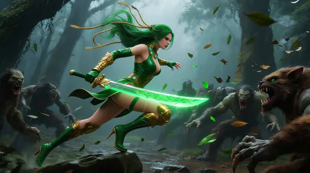 Warrior Woman in Green Combat Outfit Fighting Beasts - free art & design wallpaper 3858×2160
