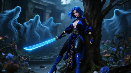 Blue-Haired Warrior with Glowing Sword in Rainy Forest - free art & design wallpaper 3858×2160