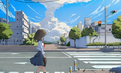 Anime Girl Crossing Urban Street at Intersection - free anime wallpaper 5120×3112