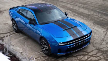 Blue Dodge Charger with Black Racing Stripes Parked - free cars & vehicles wallpaper 5120×2880