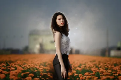 Woman in Lace Top Standing in Flower Field - free people & portraits wallpaper 6144×4097