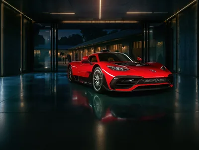 Red Mercedes-AMG One in Modern Garage at Night - free cars & vehicles wallpaper 5120×3875